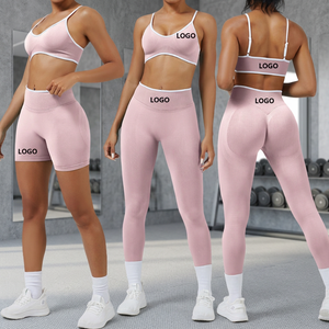 Conjunto Deportivo de 3 Piezas Personalizado, Antiarrugas, Sin Costuras, Elástico, Cuello Halter, Cuello en V, Cintura Alta, Bloques de Color, para Gimnasio y Yoga - Product Image 3