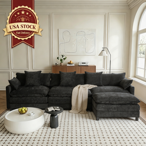 Divano Sezionale Moderno a L in Tessuto Ciniglia Nera, Convertibile, con Seduta Profonda <span class=keywords><strong>e</strong></span> Pouf, Disponibile in Magazzino USA - Product Image 1