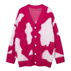 Women's <b>Cardigan</b> Pink White Color Blocking Loose Fit Single Breasted Knit Outerwear Anti Pilling Design - Product Image 1