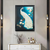 Déco murale Paon Blanc 3D Personnalisée ornée de perles, Tableau décoratif luxe thème floral paon pour maison et hôtel