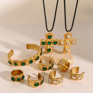 Cross Shape Zinc Alloy Huggie <b>Earrings</b> With <b>Green</b> Stones Party Jewelry Set - Product Image 3