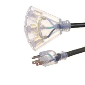ETL US kabel ekstensi 3 Pin 12 AWG 1 TO 3 outlet, kabel ekstensi 3 kaki 13 amp 125v hitam luar ruangan, kabel ekstensi satu kabel hingga tiga kawat