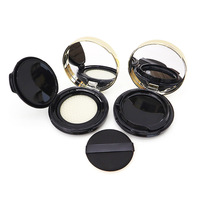Boîte vide pour fond de teint compact 15g, ronde, noire, avec couvercle supérieur et bord doré, incluant houppette et éponge