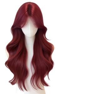 Perruque complète pour femmes, rouge framboise, cheveux longs ondulés bouclés avec frange latérale, ligne de cheveux naturelle, fibre Kanekalon - Product Image 1