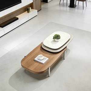 Tavolino <span class=keywords><strong>da</strong></span> Caffè Moderno di Lusso con Piano <span class=keywords><strong>in</strong></span> Pietra <span class=keywords><strong>Naturale</strong></span>, Impiallacciatura <span class=keywords><strong>in</strong></span> <span class=keywords><strong>Legno</strong></span> e Gambe <span class=keywords><strong>in</strong></span> Metallo, Arredamento Contemporaneo per Soggiorno - Product Image 3