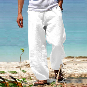 Pantalon droit ample en coton et lin pour hommes, respirant, décontracté, léger, pour la plage et les voyages, blanc, gris - Product Image 4