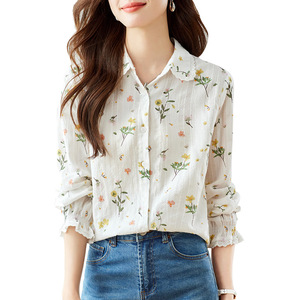 Lace Lapel Long Sleeve Shirt <strong>Women's</strong> Summer New Elegant Lady Pure Cotton Embroidery Shirt - Product Image 5