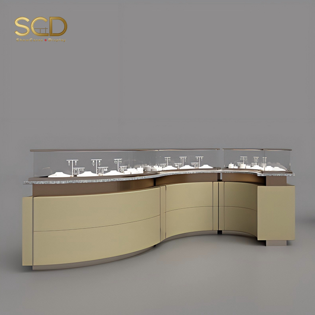 Luxury Modern Gold Jewelry Store Display Vitrine with LED Lighting Tempered Glass Showcase for Retail Sale