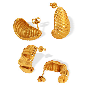 <b>Huggie</b> Earrings 18K Gold Plated Irregular Spiral Pleated Geometric Design For Women Everyday Wear - Product Image 5