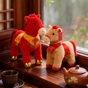 Caballo de Peluche de la Suerte Estilo Chino con Bufanda Roja de Bendición, Muñeco de Peluche Suave Hipoalergénico de Poliéster, Regalo Festivo - Product Image 3