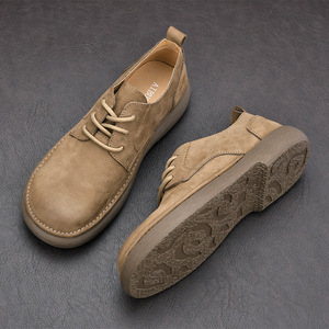 Retro Men's Leather <b>Shoes</b> Round Toe Lace-up <b>Soft</b> Cow Leather Rubber Sole Walking Style Casual <b>Shoes</b> - Product Image 2