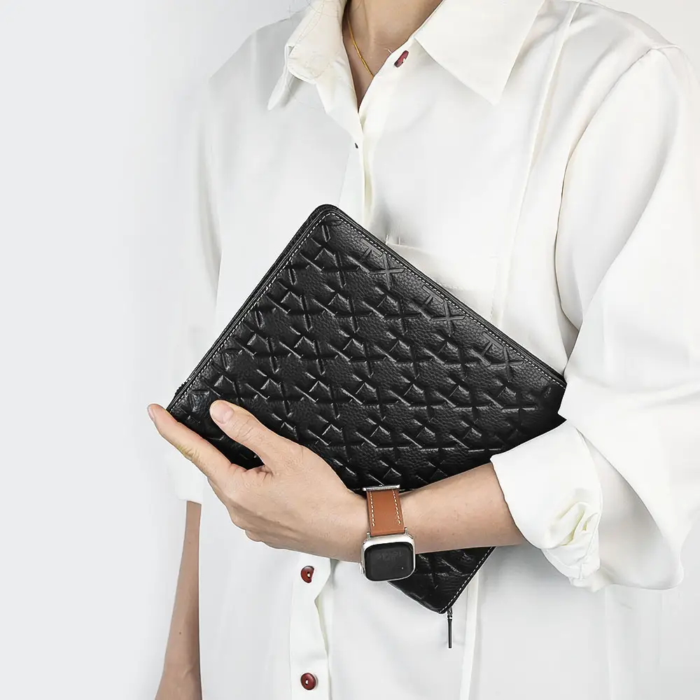 Customized Logo Luxury Leather Business Portfolio Bag File Folder Zippered A4 Multi-function Folder Document Bag