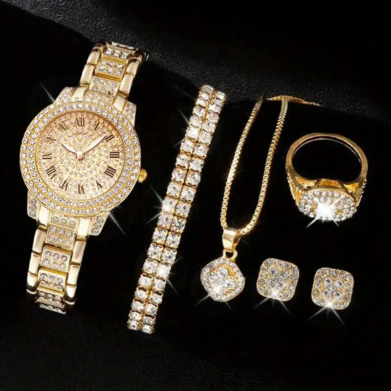 5pcs Set With Diamond Inlaid Women's Watch Women's Fashionable Roman Quartz Watch Bracelets Necklaces Rings Earrings Gift Set
