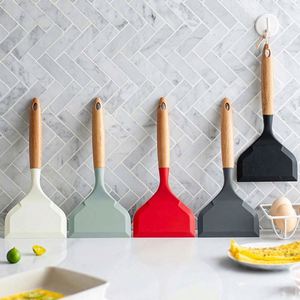 Kitchen Accessories Short Wide Fried Spatula Turner Silicone Pancakes Shovel With Wooden Handle for Egg <b>Cookie</b> - Product Image 5