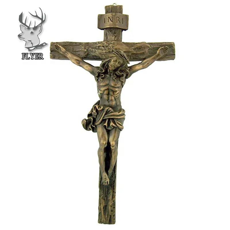 Alta calidad de encargo de artesanías de metal de latón crucifijo Cruz de la pared con la estatua de Jesús para venta