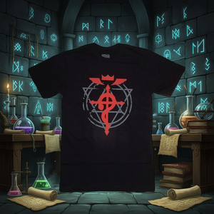 T-shirt per adulti Fullmetal Alchemist Brotherhood Flamel Cross, con stampa serigrafica, vestibilità regolare, girocollo, manica corta, in jersey di cotone. - Product Image 2