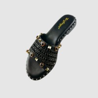 Sandales plates ouvertes en paille tressée pour femmes, avec clous et pierres, confortables, légères, antidérapantes, à enfiler
