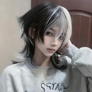 Perruque courte samouraï queue de loup, dégradé noir et blanc, coupe mulet, couvre-tête complet, ligne de cheveux naturelle, fibre Kanekalon, dentelle transparente - Product Image 2