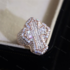 Moissaite Vòng người đàn ông hiphop 925 Sterling bạc chéo hình dạng prong thiết lập <span class=keywords><strong>Baguette</strong></span> kim cương mạ vàng vvs moissanite Hip hop vòng - Product Image 3