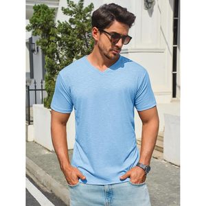 2025 Camiseta clásica informal para hombre verano elástico cuello en V manga corta ligero ajuste Regular 280g tela peso comprimido - Product Image 1