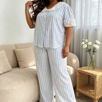 Ensemble de pyjama rayé pour femmes, grande taille, chemise à manches courtes à col avec dentelle et pantalon long, vêtements de nuit décontractés pour femmes