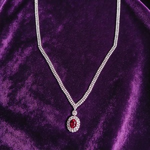 Collier pendentif ovale en rubis naturel de luxe, or 18 carats, pavé de diamants, ligne en V, bijoux fins pour femmes - Product Image 2