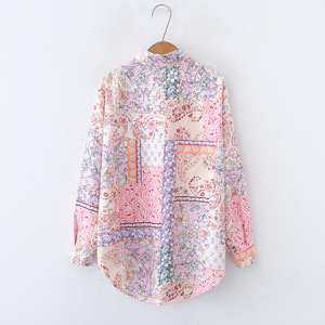 2024 grosir blus kancing musim semi musim gugur wanita Vintage dicetak lengan panjang - Product Image 2