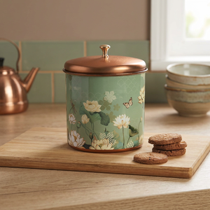 Boîte alimentaire ronde en métal avec couvercle, motif floral, couvercle en cuivre vert, pot de rangement pour la cuisine - Product Image 3