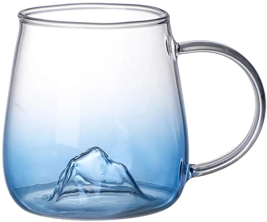 Blue glass Mug with handle,10OZ,borosilicate glass cup, Interior design of mountain shape,suitable for tea,water,juice,milk,Idea