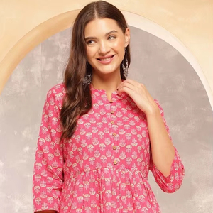 Top de algodón con cuello mandarín estampado con motivos étnicos para mujer - Product Image 1