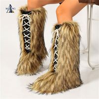 Bottines mi-mollet en fausse fourrure Y2K pour femmes, à lacets croisés, en fourrure moelleuse, bottes d'hiver pour la neige