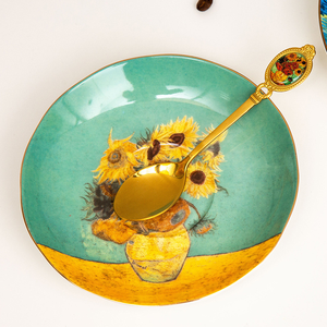 Assiette en céramique SFB113 Van Gogh Almond Blossom avec cuillère dorée, plat décoratif, vaisselle artistique - Product Image 4
