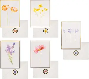 40 Artistic Watercolor Floral Blank Note Cards Custom Printed Greeting Cards Gold Foil All Occasion Cards with Matching Stickers