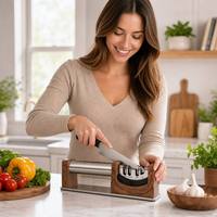 Afilador de Cuchillos de 4 Etapas, Acero Inoxidable con Aspecto de Madera, Base Antideslizante, Ranura para Tijeras, Afilado Fino, Medio y Grueso, Herramienta de Afilado para Cocina