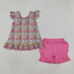 Toddler Girls Floral Short Set, Floral Print <b>Flutter</b> <b>Sleeve</b> <b>Top</b> with Pink Ruffle Shorts, Kids Summer Casual Outfit - Product Image 4
