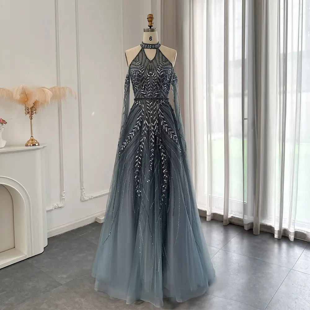 SCZ071 Luxury Dubai Blue Evening Dresses with Cape Sleeves Elegant Silver Gray Gold Women Wedding Party Gown In Stock