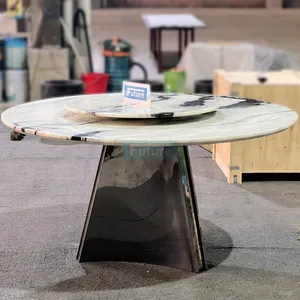 עיצוב חדש יוקרתי מודרני נירוסטה בסיס מטבח מסתובב שולחן שיש טבעי העליון שתי שכבות סט שולחן אוכל עגול