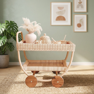 Chariot à thé en rotin artisanal moderne et écologique, robuste, jouets pour enfants, jeu de simulation, chariot à thé en osier, poussettes pour bébés, chambre à coucher - Product Image 1