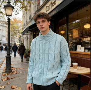Suéter Personalizado de Otoño/Invierno, Cárdigan Abierto con Cierre y Cuello Alto Trenzado <span class=keywords><strong>para</strong></span> <span class=keywords><strong>Hombre</strong></span>, Estilo Vintage Casual Japonés, Tejido Grueso con Estampado de Alta Gama - Product Image 1