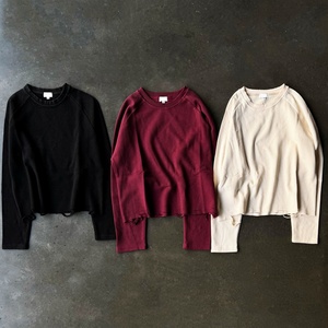 Custom Knit Thermal Dtg Print T-<b>Shirts</b> Cropped High Quality <b>Waffle</b> Knit Long Sleeve <b>Shirt</b> Blank Cropped <b>Waffle</b> Knit Long Sleeve - Product Image 4
