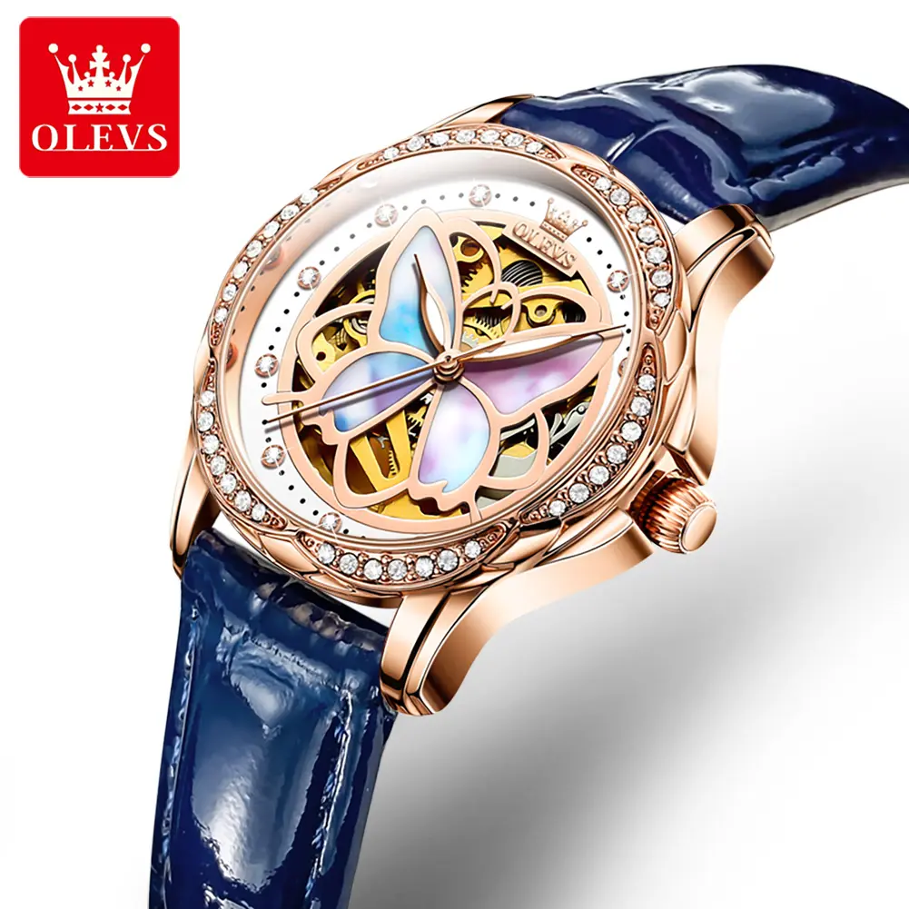OLEVS 6615 Classic Mechanical Woman butterfly Dial Round Wristwatches Waterproof Leather Strap Ladies Bracelet Blue Watch