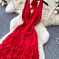 Robe longue d'été pour femme, style vacances, dos nu, rouge, à volants, jupe à volants superposés, amincissante, pour la plage