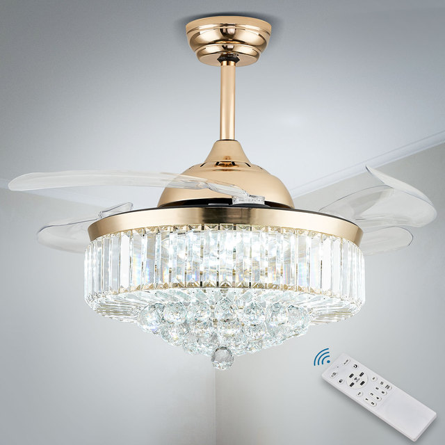 Dimmable 42'' Modern LED Gold Ceiling Fan with Light Invisible Retractable 3 Blades with Remote Control for Hotel Home Decor