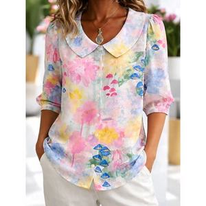 Blus Wanita Vintage Sederhana Motif Bunga Cat Air Kerah Peter Pan Lengan 3/4 Kemeja Kasual Panjang untuk Musim Semi & Musim Panas - Product Image 1