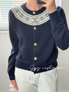 Cárdigan <span class=keywords><strong>Azul</strong></span> <span class=keywords><strong>Marino</strong></span> Informal y Transpirable 100% Cachemira con Diseño Floral en el Pecho y Botones Dorados para <span class=keywords><strong>Mujer</strong></span> - Product Image 1