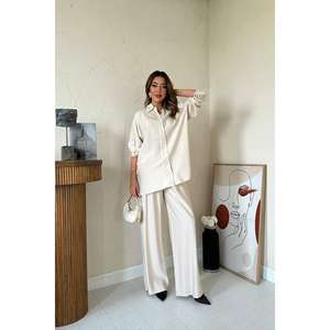 Conjunto de Camisa Beige Alice y Pantalones Anchos para Mujer, Manga Larga, Estilo Normcore Minimalista, Transpirable, con Apariencia de Lino - Product Image 4