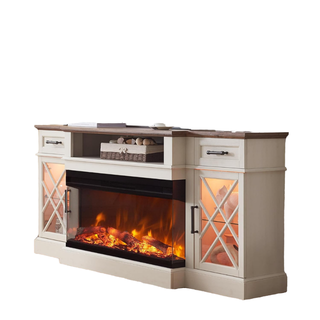 OKD 3-Sided Glass Farmhouse Electric Fireplace TV Stand Engineered Wood Realistic Flame Effect 70'' Highboy Fireplace
