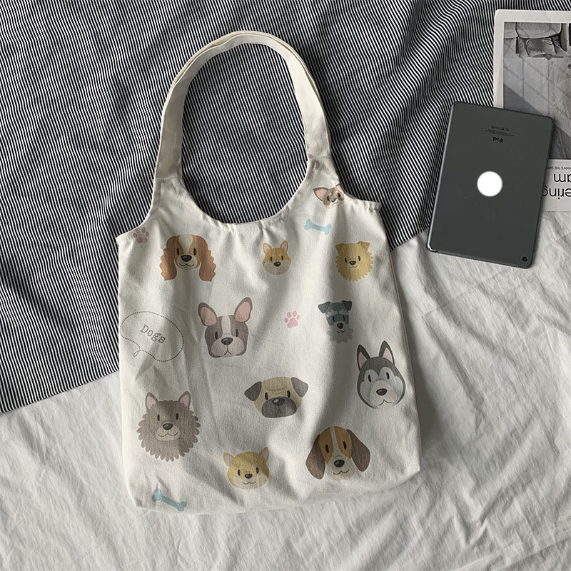 Sac Fourre-tout Toile Motif Floral Chien - Réutilisable, Lavable, Léger, Bandoulière, Pour Courses, Plage, Quotidien