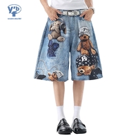 Shorts en jean baggy bleu YUANBOFEI, taille mi-haute, style urbain, imprimé ours en peluche, coupe large, polyvalents pour femme