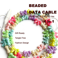 Kabel Data 4 in 1 Berhias Manik-Manik Model Bowknot Tipe C, Hadiah Terlaris